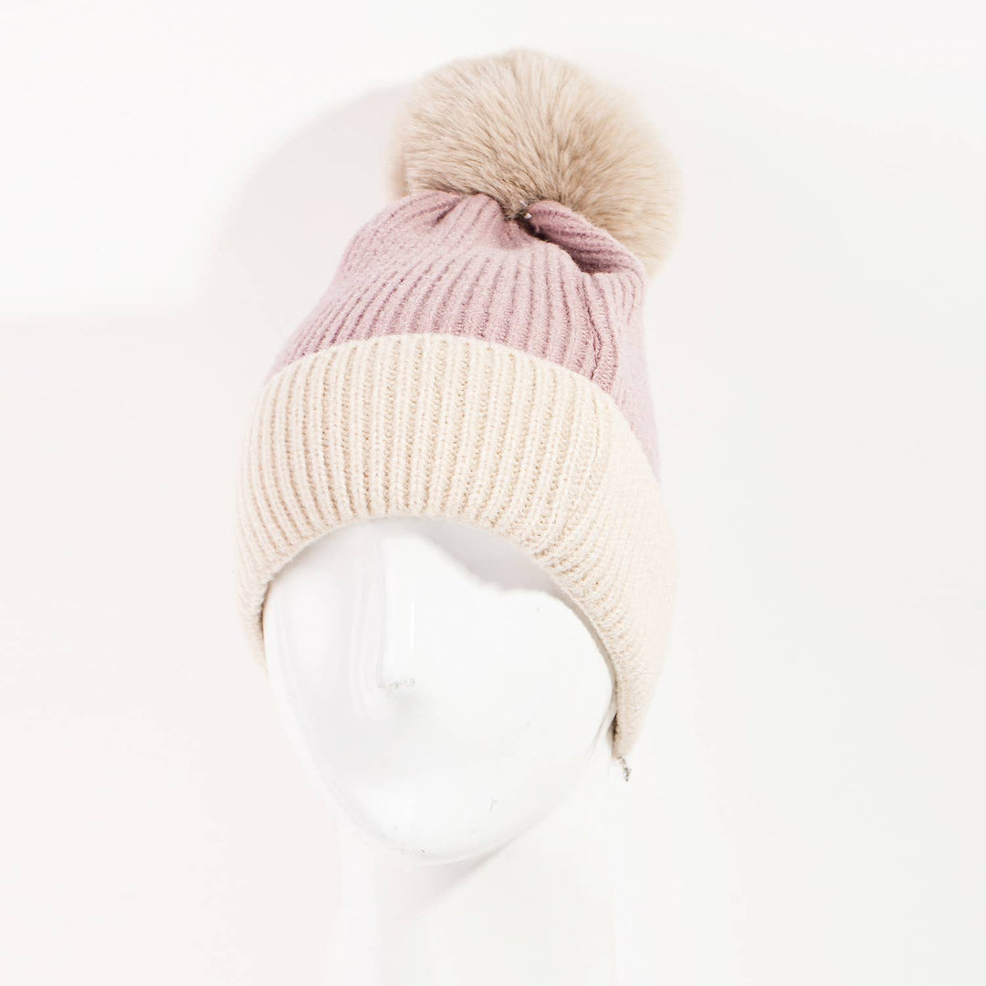 Two Tone Pom Beanie - Beige