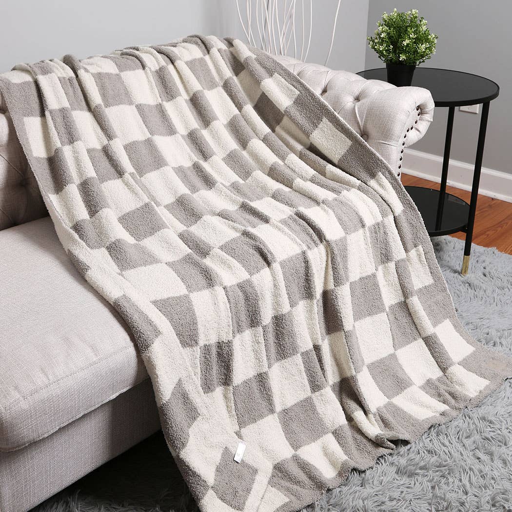 Checkered Plush Throw Blanket - Grey