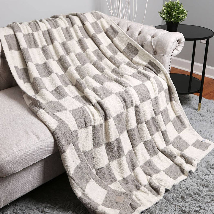 Checkered Plush Throw Blanket - Grey