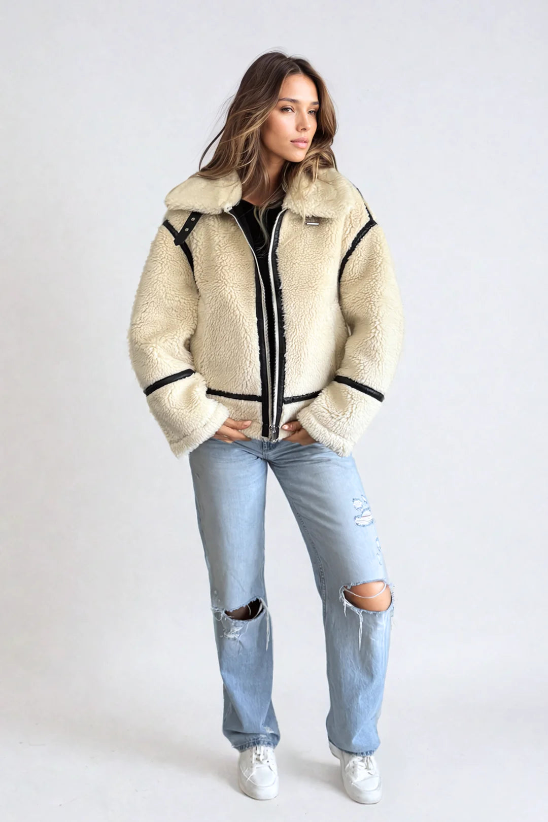 Alta Faux Fur Biker Jacket in Crème