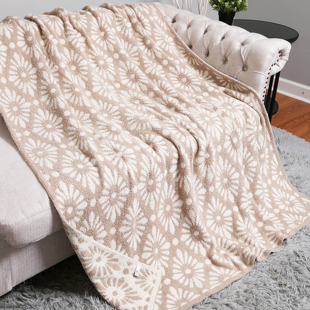 Floral Plush Throw Blanket Beige