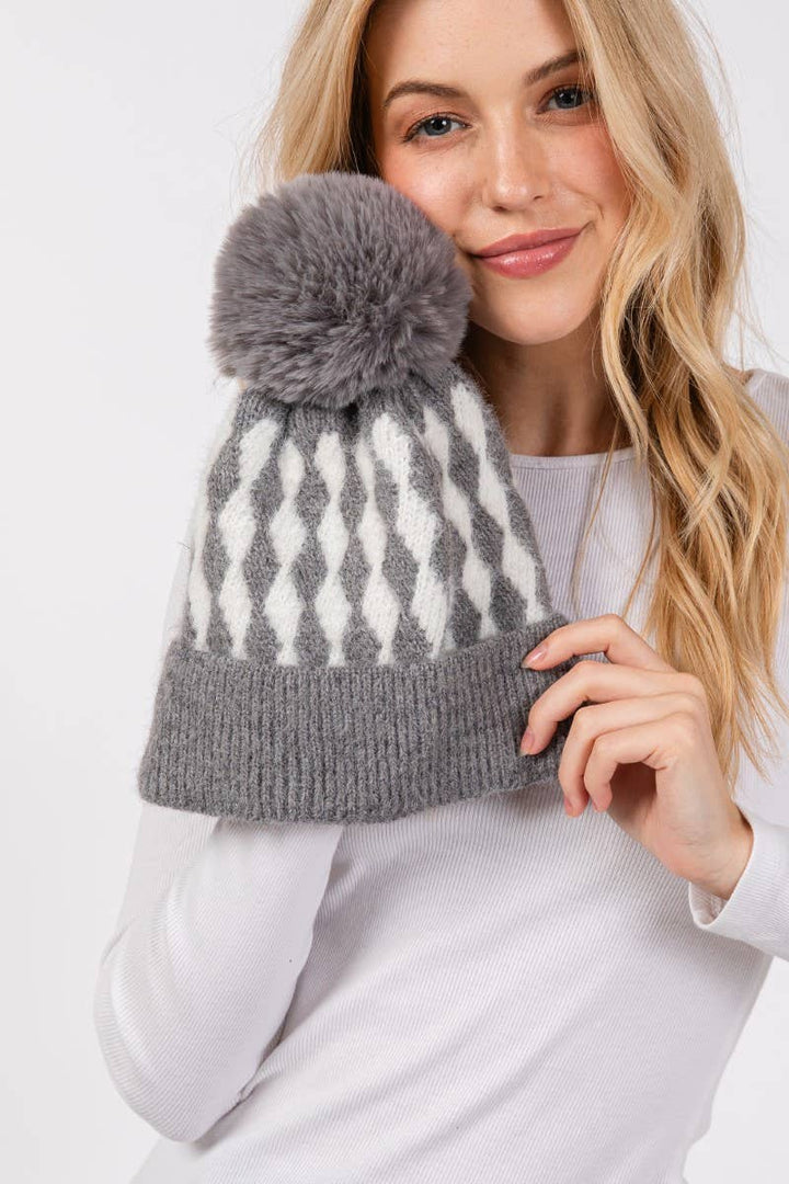 Diamond Knit Beanie - Grey