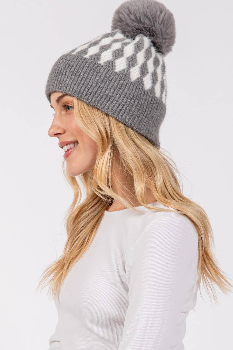 Diamond Knit Beanie - Grey