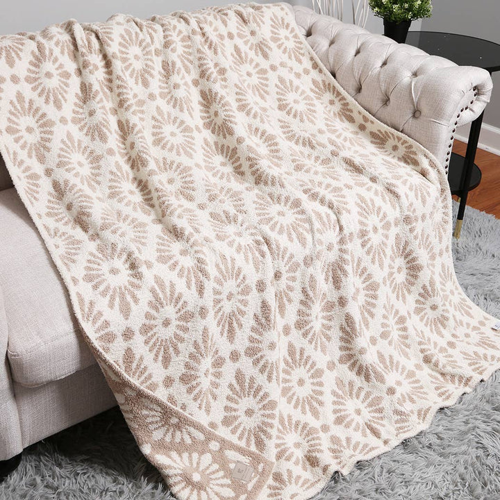 Floral Plush Throw Blanket Beige